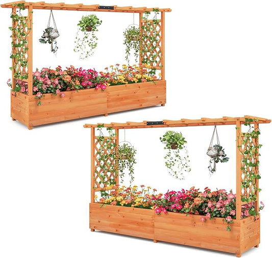 Giantex 2 Pcs Raised Garden Bed with Trellis & Hanging Roof, Wood Planter Box with Bottom & Drainage Holes, Freestanding Garden Planter for Flower Fruit Vegetable Herb Climbing Vine (77"x14.5"x45")