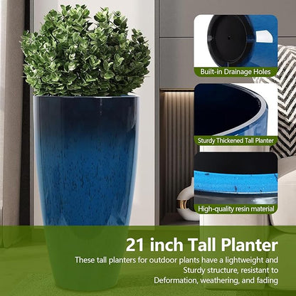Set of 2 Large 21" Tall Planters for Indoor Outdoor, Heavy-Duty Resin with Drainage Holes & Unique Textured Design, Perfect for Porch, Patio, Backyard Home Decor, Blue
