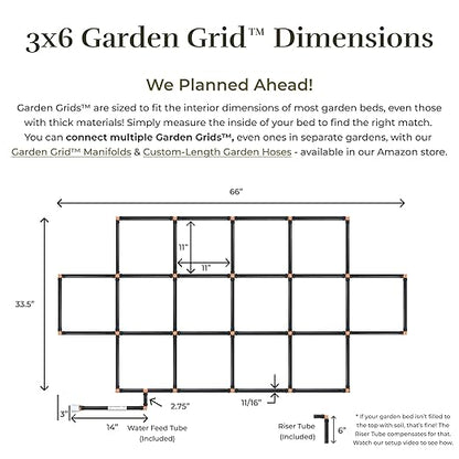 Garden Grid Watering System - 3x6 Cornerless | Raised Garden Bed Drip Irrigation System - But Better | Pre-Assembled, Waters Every Plant Evenly | for Beds w/Corner Posts or Curved Ends | 33.5"x66"
