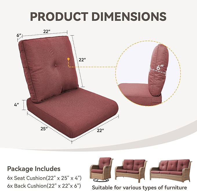 Patio Cushions for Outdoor Furniture - 22" x 25" x 4" UV Resistant Thick Foam Cushions Water Resistant Replacement Cushion for Outdoor Patio Furniture Chair/Sofa/Couch | Red | 6-Pack |