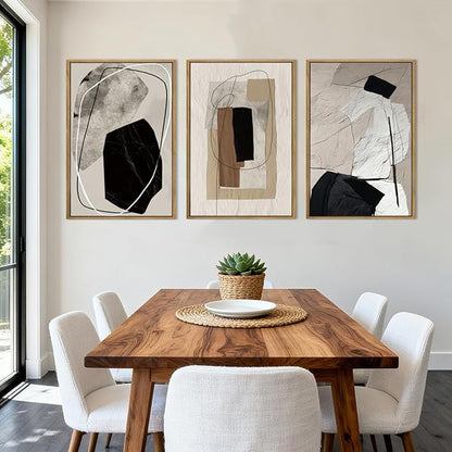 Anyzal Extra Large Abstract Neutral Framed Wall Art 24x36 Inch Black Modern Canvas Wall Decor Tan Grey Minimalist Artwork for Living Room Dining room Bedroom Set of 3