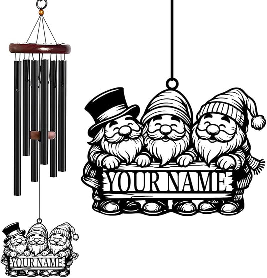 Personalized Customize Name Gnome Wind Chime, Metal Iron 37 Inch Outdoor Memorial Gift for Garden Yard Patio Home Decor, Black，Christmas (Style J)