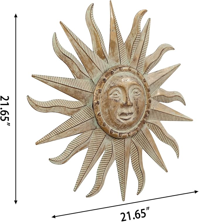 TICKCACY Metal Sun Wall Art Decor Sculpture, 3D Sun Wall Art Decoration Hanging for Outdoor Indoor Garden Farmhouse Yard Patio Living Room Bedroom, 21.65 Inch, Green-gold