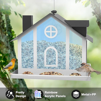 FlowaFoli Bird Feeders for Outdoors, Decorative Large Bird Feeders for Outdoors with Rainbow Acrylic Panels, Ideal Gift for BirdLovers to Attract Feathered Friends Year-Round