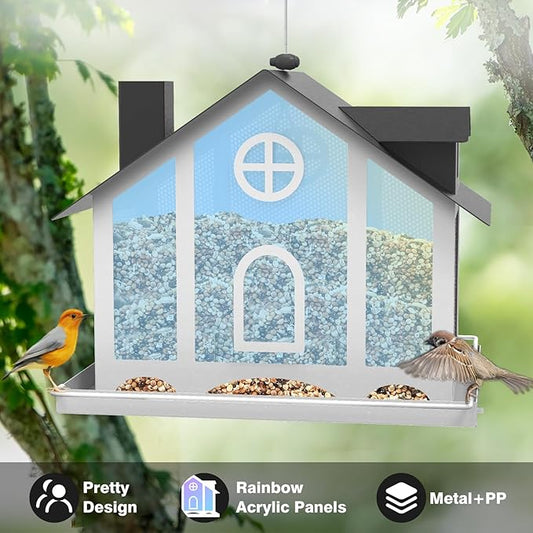FlowaFoli Bird Feeders for Outdoors, Decorative Large Bird Feeders for Outdoors with Rainbow Acrylic Panels, Ideal Gift for BirdLovers to Attract Feathered Friends Year-Round
