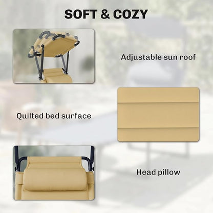 Outsunny Outdoor Lounge Chair, Adjustable Backrest Folding Chaise Lounge, Cushioned Tanning Chair with Sunshade Roof & Pillow Headrest for Beach, Camping, Hiking, Cream White