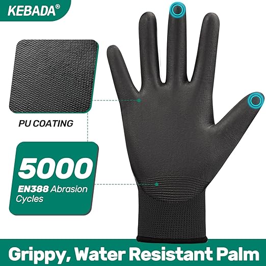 Kebada Safety Work Gloves,120 Pairs Bulk Pack, Touchscreen, PU Coated, Ideal for Warehouse, Construction, Gardening and Mechanics, Black, X-Small