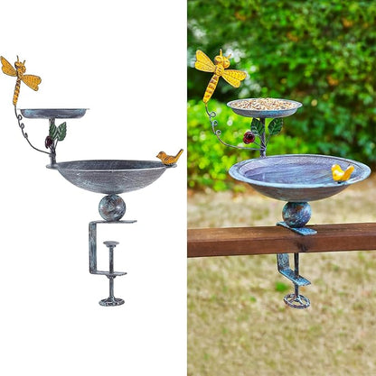 Bird Bath for Deck Railing and Balcony, 2 in 1 Bird Feeders for Outdoors with Heavy Duty Clamp, Unique for Outside and Silver Birdfeeder Suitable for Garden Porch Backyard