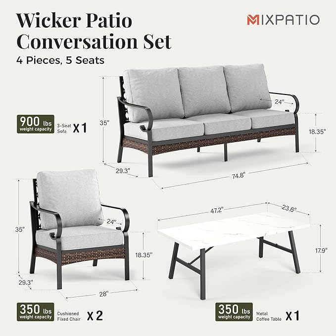 Patio Furniture Set with Firepit Table, Black Frame Outdoor Conversation Set with 2 x Fixed Chairs, 1 x 3-Seat Sofa for Lawn Garden Backyard, Light Grey