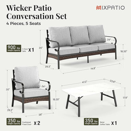 Patio Furniture Set with Firepit Table, Black Frame Outdoor Conversation Set with 2 x Fixed Chairs, 1 x 3-Seat Sofa for Lawn Garden Backyard, Light Grey
