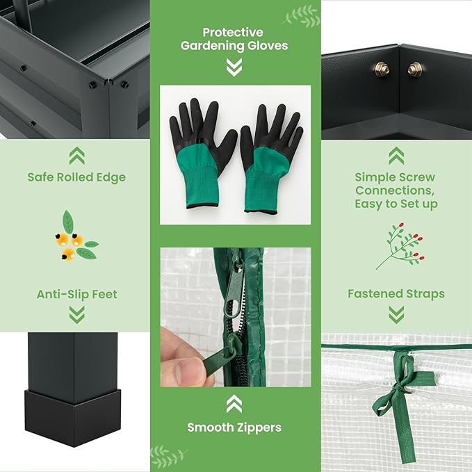 Giantex 3-in-1 Raised Garden Bed with Greenhouse Cover & Trellis Rope, Galvanized Metal Elevated Planter Box w/ Legs, Drainage Holes, 46”x23.5”x59” Raised Bed for Flower Herb Vegetable, Easy Assembly