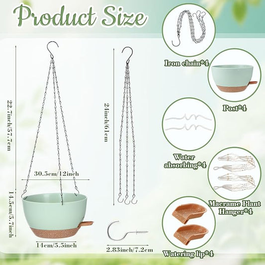 Sliner Set of 4-12 Inch Self Watering Hanging Planters Includes Hanging Pots and Outdoor Hanger Plant Pots with Drainage Holes 2 Types of Hanger Basket Hooks for Patio Garden(Green Brown)