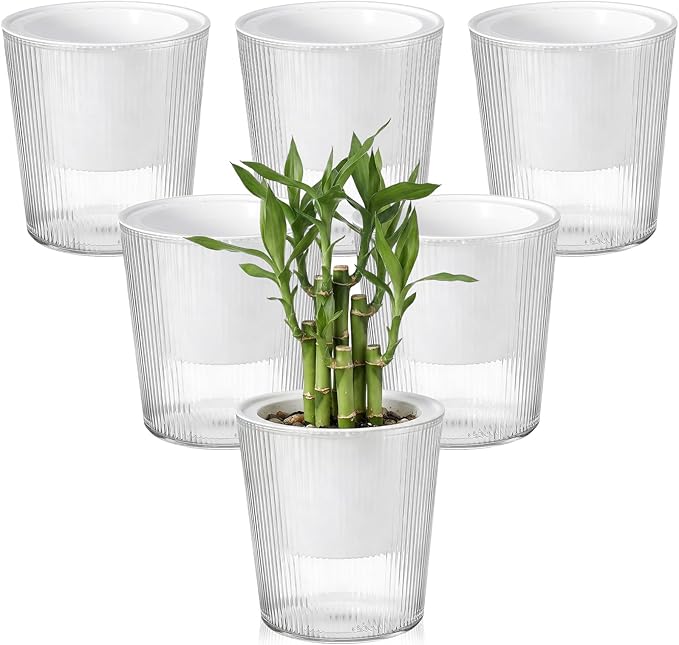 6 Pack Self Watering Pots for Indoor Plants Plastic Vertical Ribbed Semi Transparent Planters, Dual Layer Reservoir for Indoor Succulents Herbs Pothos(Clear, White,4 x 4.3 Inch)