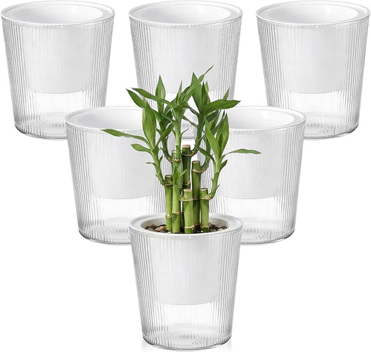 6 Pack Self Watering Pots for Indoor Plants Plastic Vertical Ribbed Semi Transparent Planters, Dual Layer Reservoir for Indoor Succulents Herbs Pothos(Clear, White,4 x 4.3 Inch)