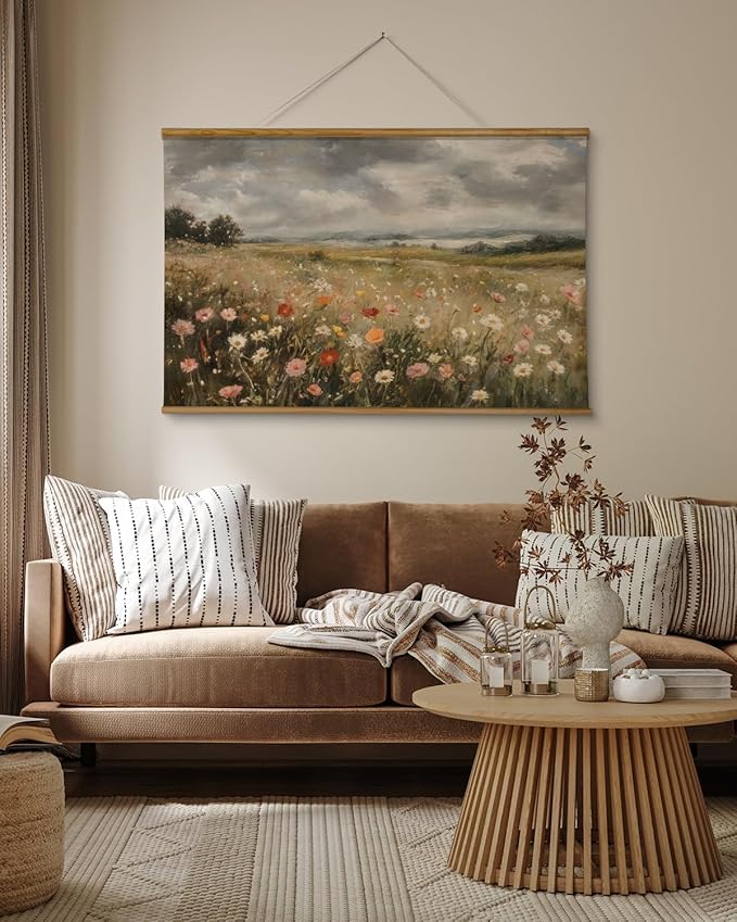 ARPEOTCY Extra Large Vintage Framed Wall Art, 36x54 Inch Colorful Wild Flowers Landscape Hanging Framed Wall Art Decor for Living Room Bedroom Office, Retro Rustic Home Decor Aesthetic