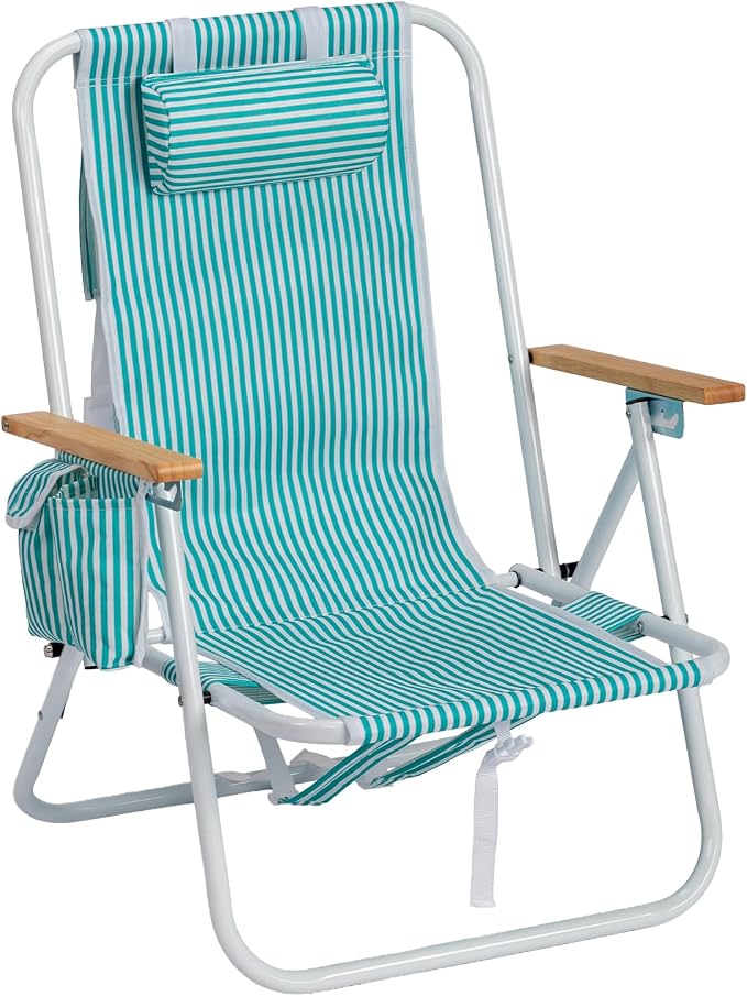 Outvita Folding Beach Chair, 4 Position Adjustable Reclining Lounge Chair with Padded Headrest, Large Rear & Side Storage Pockets, Lightweight Portable Outdoor Chair for Beach Pool Garden BBQ