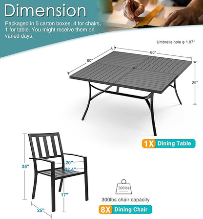 PHI VILLA 9 Pieces Outdoor Dining Table Set for 8, 60” Square Metal Dining Table & Stackable Dining Chairs, Large Dining Furniture Set for Patio, Deck, Yard, Porch