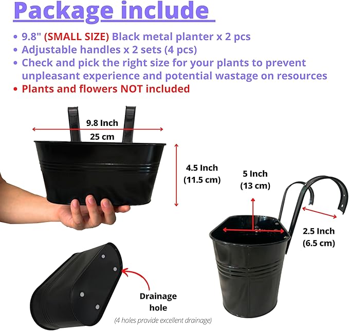 LaLaGreen Rail Planter Outdoor Plants (2 Pack, 9.8 Inch) Small and Cute Metal Iron Hanging Flower Pots Deck Railings Black Fence Bucket, Boho Style Wall Mount Window Box Plant Holder Hooks Porch Decor