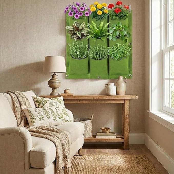 WFIST Vertical Hanging Planter Bag, Breathable Felt Wall Garden Planter with Metal Grommets, Indoor/Outdoor Space-Saving Herb & Flower Growing Pouch (9-Pocket)