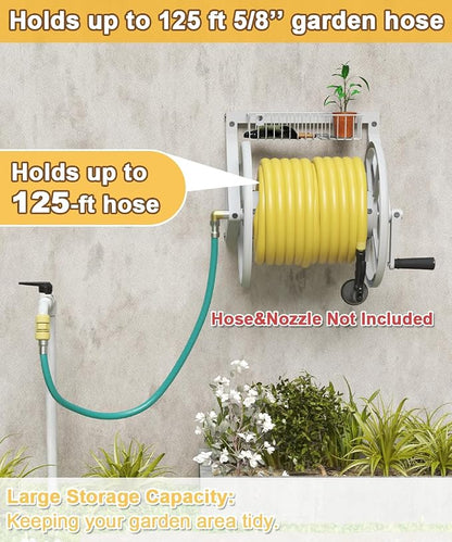 Artigarden Triangle Wall Mounted Garden Hose Reel, Outdoor Heavy-Duty Water Hoses Holder Winder, Holds 125 Ft of 5/8-Inch Hose, with 3.9 ft Leader Hose, Brass Fitting, Storage Basket for Yard, White