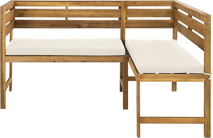 SAFAVIEH PAT6754A Collection Wilton Teak and Navy Balcony Corner Lounge Outdoor Set