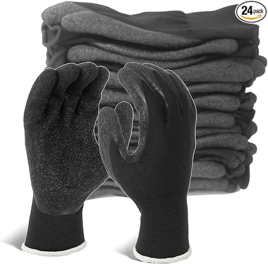 Evridwear Crinkle Latex Rubber Hand Coated Safety Work Gloves for Men Women General Multi Use Construction Warehouse Gardening Assembly Landscaping,Black Large 12 Pairs Pack