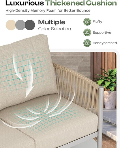 Aluminum Outdoor Patio Couch Loveseat, HDPE Rope Patio Sofa with Washable Thick Cushion, All-Weather Patio Furniture for Balcony, Yard, Silver Frame, Beige