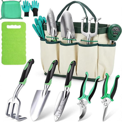 10 Piece Heavy-Duty Gardening Tools Set with Soil Moisture Meter - Rust-Proof Aluminum Gardening Hand Tools with Ergonomic Non-Slip Rubber Grips - Gardening Supplies Ideal Gift for Men & Women