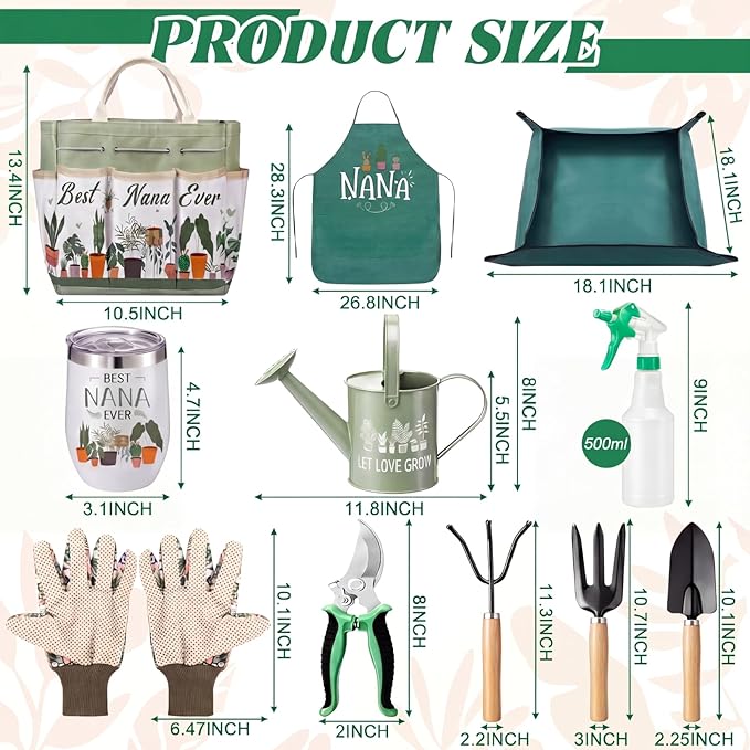 Reginary 11 Pcs Nana Gardening Gifts Mom Watering Can Set Include Garden Tool Garden Tools Tote Trigger Sprayer Soil Mat Apron Tumbler Pruning Shears Glove for Women Plant Enthusiast Present