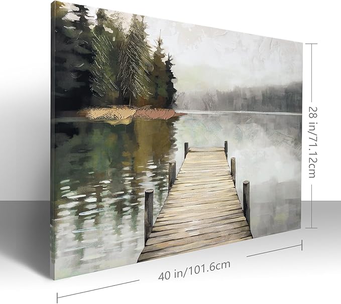 Nature Landscape Large Wall Art Canvas Picture，Horizontal Dock Forest Artwork Decor，Modern Hand Painted Textured Lake Scenery Artwork Painting Decor, Wall Pictures for Bedroom Living Room 40x 28 Inch