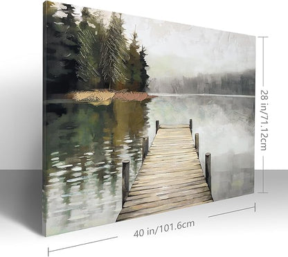 Nature Landscape Large Wall Art Canvas Picture，Horizontal Dock Forest Artwork Decor，Modern Hand Painted Textured Lake Scenery Artwork Painting Decor, Wall Pictures for Bedroom Living Room 40x 28 Inch