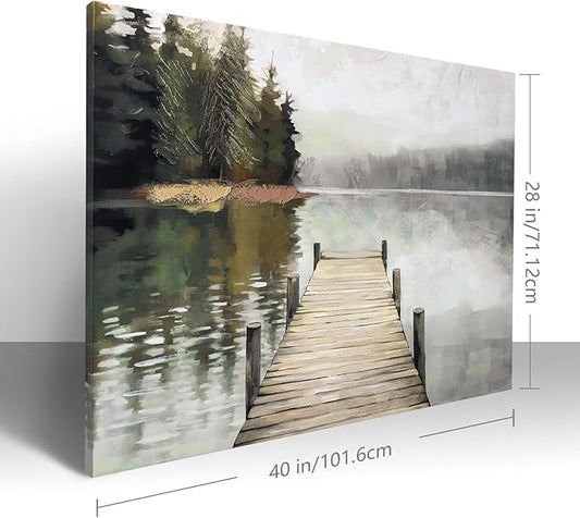 Nature Landscape Large Wall Art Canvas Picture，Horizontal Dock Forest Artwork Decor，Modern Hand Painted Textured Lake Scenery Artwork Painting Decor, Wall Pictures for Bedroom Living Room 40x 28 Inch