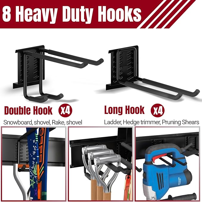 66" Garage Tool Organizer Wall Mount,20 PCS Wall Mounted Garden Tool Storage Rack Carries 720lbs, 4-Panel Steel Tool Hanger System for Shovels Rakes Brooms – Fits 16" Wall Studs