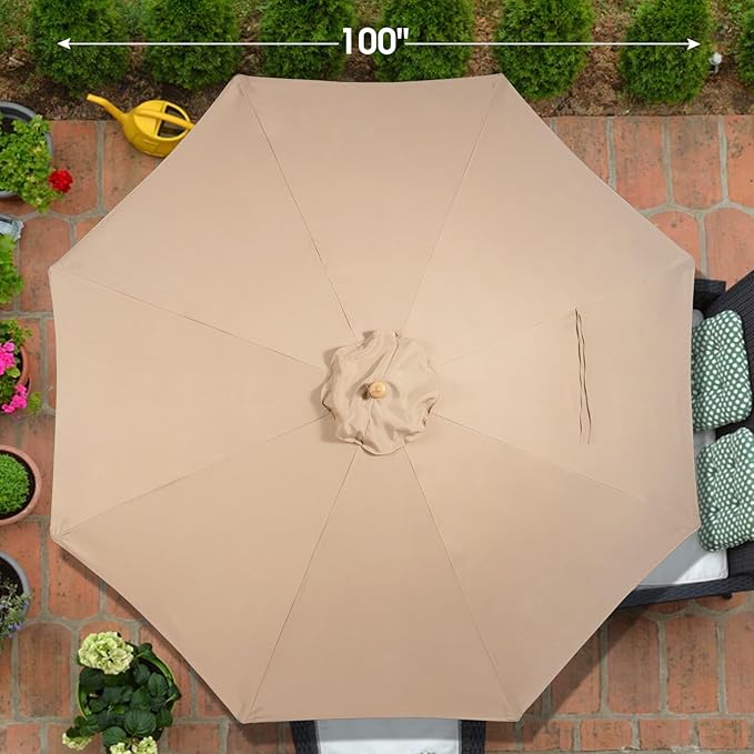 9FT Table Patio Outdoor Umbrella Market Round Umbrella with Pulley Lift Windproof & Waterproof, 8 Ribs with Polyester Cover for Garden, Deck, Pool, lawn, Backyard