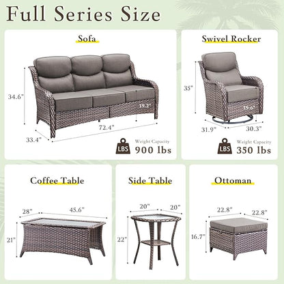 Luxury High Back Outdoor Furniture with 6-inch Extra Thick Cushions, Patio Furniture Set with Swivel Chairs, 7 PCS Wicker Conversation Set for Yard, Deck, Poolside, Brown/Grey