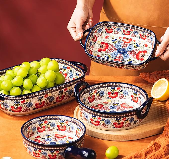 Vintage Flowers Style Ceramic Bakeware Casserole Dish Baking Pan Lasagna Pans Baking Dish with Handles for Oven/Cooking/Kitchen-1 PCS-Red Flowers-22 OZ