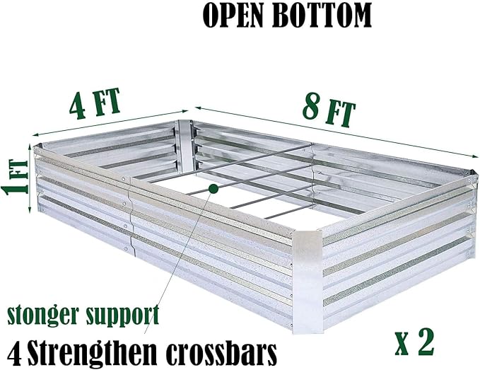 Galvanized Raised Garden Beds 2-Pack (8x4x1ft Each) – Flat Panel Design with 4 Support Bars, Heavy-Duty Metal Planter Box for Vegetables, Herbs, Flowers, Budget-Friendly Steel Garden Kit