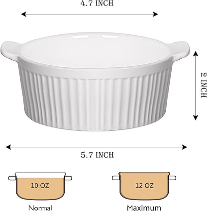 Delling Ramekins with Handle, 6 PACK Soup Bowls for French Onion Soup, Pot Pie, Lava Cakes, Creme Brulee, 12 Oz Porcelain Souffle Dish for Baking, White