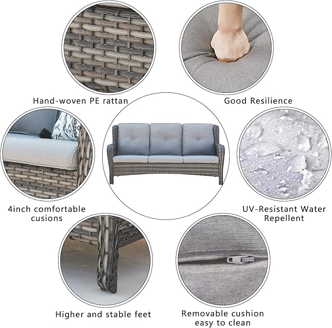 HUMMUH Outdoor Furniture Patio Furniture Set 6 Pieces Wicker Outdoor Sectional Sofa with Swivel Rocking Chairs,Patio Ottomans,Side Table