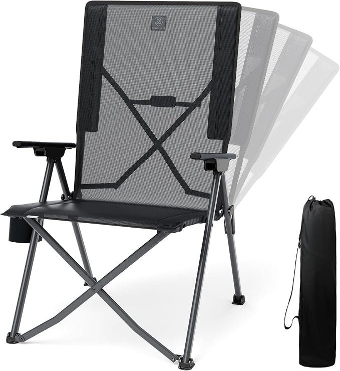 EVER ADVANCED Reclining Camping Chairs for Adult Lightweight, Portable Compact Folding Chair with High Back, 4-Level Recliner Chairs, Lawn Chair for Patio Balcony, Supports 300lbs Textilene Mesh Black