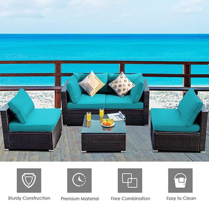 HAPPYGRILL 5PCS Patio Furniture Set Outdoor Rattan Wicker Sofa Set with Coffee Table Sectional Sofa Conversation Set with Pillows Cushions for Backyard Porch Garden Poolside