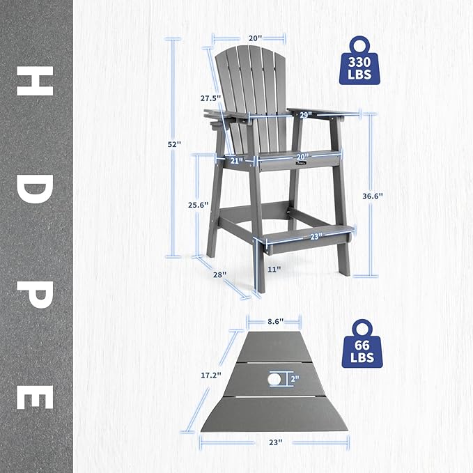 FUNBERRY Tall Adirondack Chairs Set of 2 with Removable Connecting Table, All Weather High Top Balcony Chair with Cup Holders