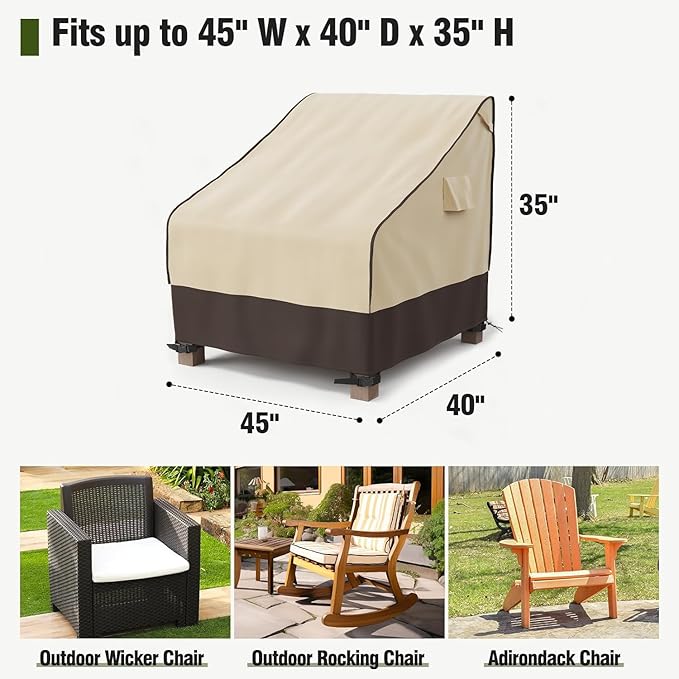 MR. COVER Patio Chair Covers Waterproof, Outdoor Furniture Covers for Rocking Chair, Heavy Duty Anti UV Chair Cover, Fits up to 45"W x 40"D x 35"H, Air Vent and Handles Included, Brown & Khaki, 2 Pack