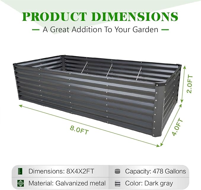 GrowHaus 8x4x2FT Galvanized Raised Garden Bed, Planter Boxes Outdoor Large Metal Garden Beds for Planting Vegetables Flowers Herbs Rectangle Dark Gray