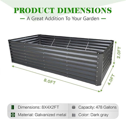 GrowHaus 8x4x2FT Galvanized Raised Garden Bed, Planter Boxes Outdoor Large Metal Garden Beds for Planting Vegetables Flowers Herbs Rectangle Dark Gray