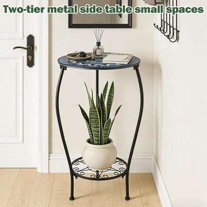 Two-tiered 13 Inch Metal Round Side Table Set of Two Small Black Outside End Table for Patio Round Accent Garden Corner Stand for Small Spaces Weather-resistant Outdoor Coffee Table for Balcony