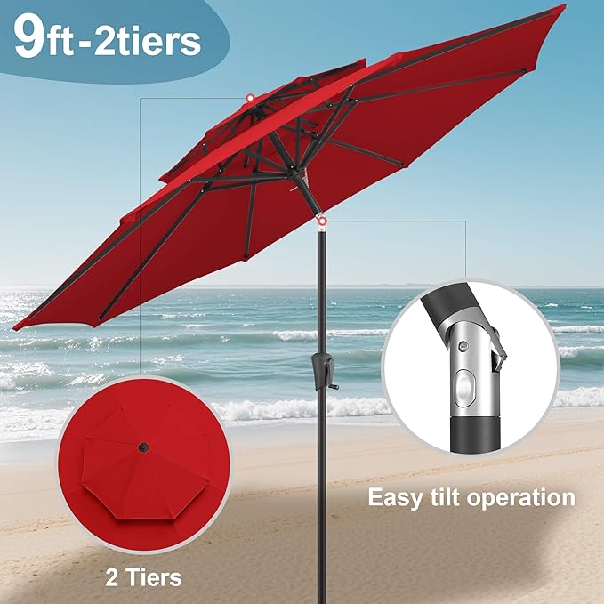 FLAME&SHADE 9ft Patio Umbrella - 2 Tiers Outdoor Umbrella with Push Button Tilt and Crank for UV Protection, Table Market Umbrella for Garden, Deck, Backyard, Pool and Beach(Red)