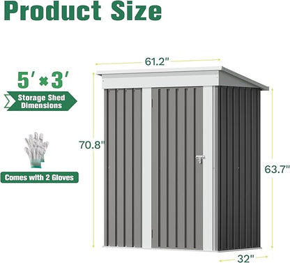 Flamaker 5x3 FT Storage Shed Waterproof Metal Garden Shed with Lockable Door Utility Tool Shed Outdoor Storage for Backyard, Patio and Lawn, Grey