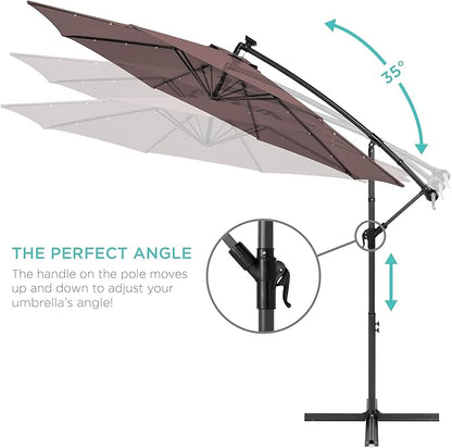 Best Choice Products 10ft Solar LED Offset Hanging Market Patio Umbrella for Backyard, Poolside, Lawn and Garden w/Easy Tilt Adjustment, Polyester Shade, 8 Ribs - Deep Taupe