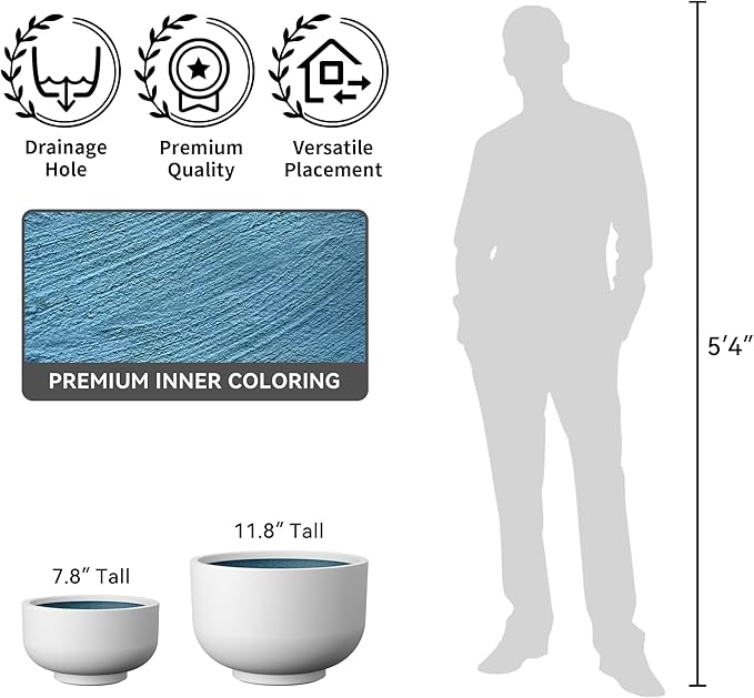 Kante 17.7 Inch Dia Concrete Bowl Planter, Large Tapered Bottom Plant Pot with Drainage, Smooth White Finish with Aqua Blue Interior, Ideal for Porch, Home, Garden, Patio